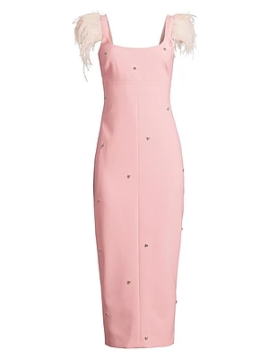 Cameron Ostrich Feather-Trimmed Midi-Dress