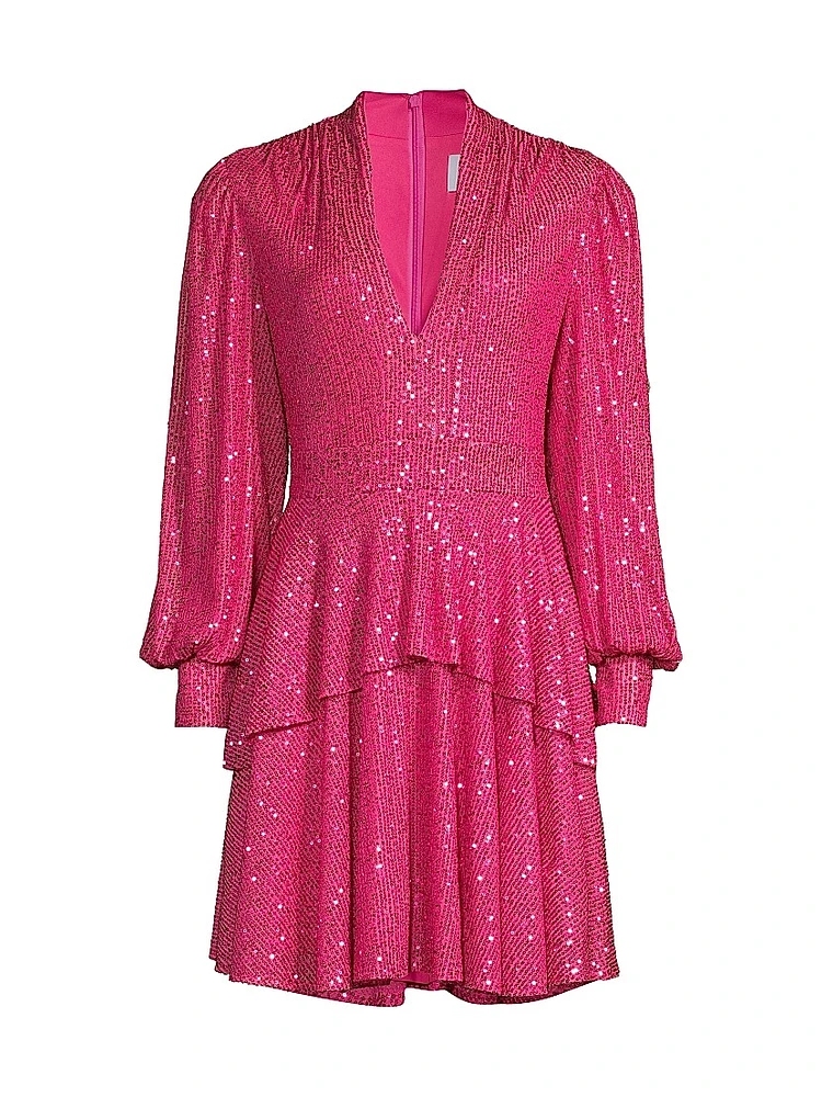 Sequined Long-Sleeve Tiered Minidress