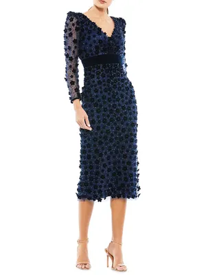 Embellished V-Neck Long-Sleeve Midi-Dress