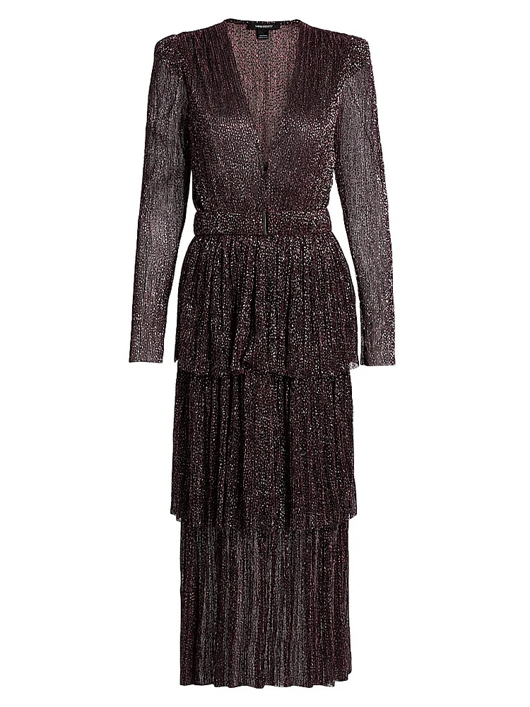 Carry Tiered Belted Metallic Dress