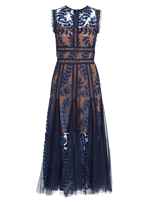Saba Embroidered Mesh Midi-Dress