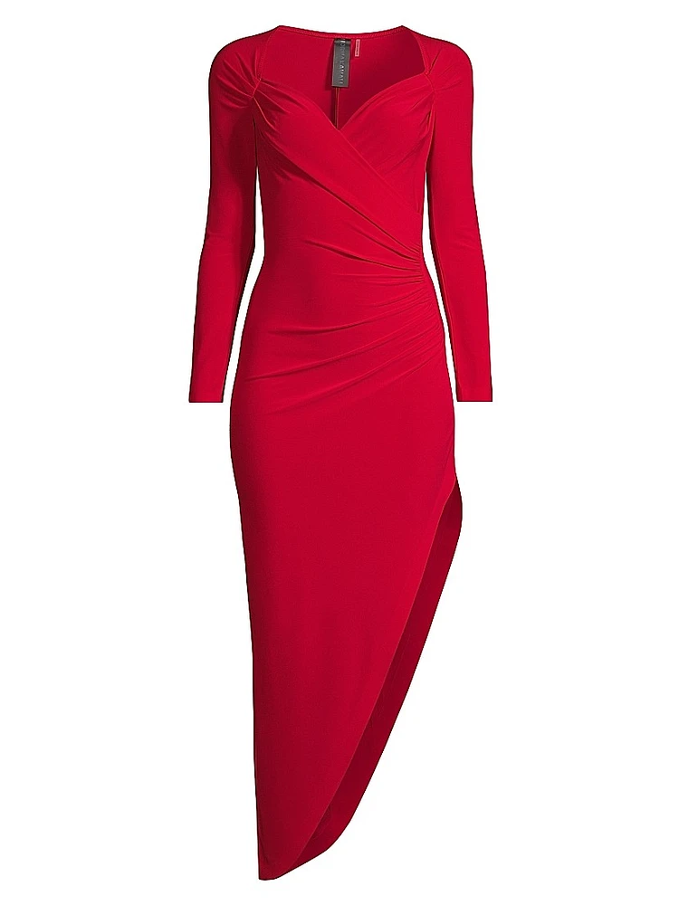 Long-Sleeve Sweetheart Side-Drape Gown