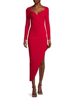 Long-Sleeve Sweetheart Side-Drape Gown
