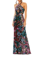 Floral Sequined Cut-Out Halter Gown