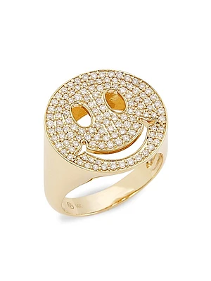 Large Happy Face 14K Gold & Diamond Signet Ring