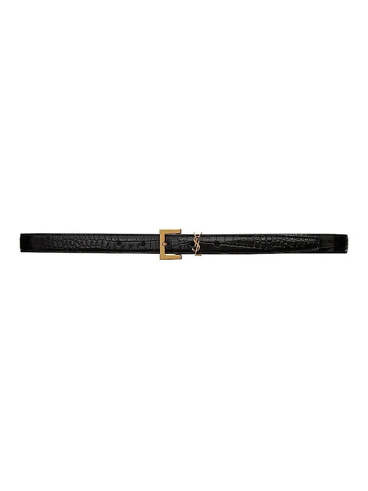 Cassandre Thin Belt with Square Buckle Crocodile-Embossed Leather