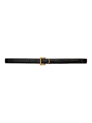Cassandre Thin Belt with Square Buckle Crocodile-Embossed Leather
