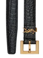 Cassandre Thin Belt with Square Buckle Crocodile-Embossed Leather