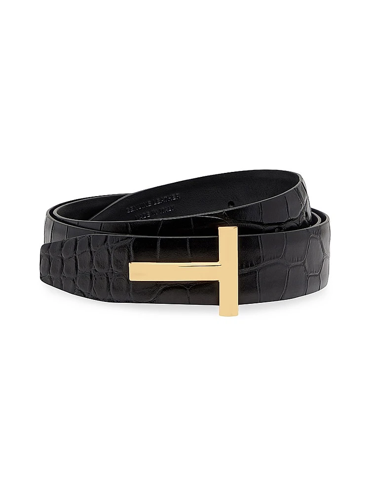 T Logo Croc-Embossed Leather Reversible Belt