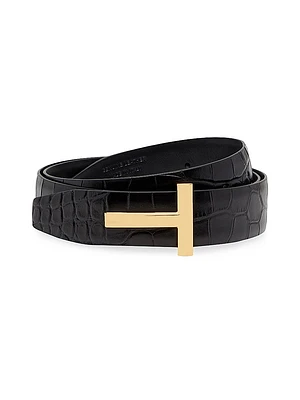 T Logo Croc-Embossed Leather Reversible Belt