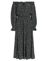Night Floral Silk Off-The-Shoulder Midi-Dress