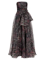 Printed Strapless Organza Gown