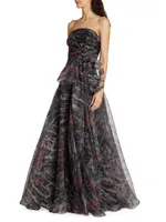 Printed Strapless Organza Gown