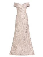 Metallic Jacquard Off-The-Shoulder Gown