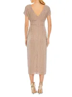 Beaded Mesh Column Midi-Dress