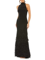 Feathered Jersey Halter Gown