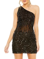 Asymmetric Sequined Mesh Minidress