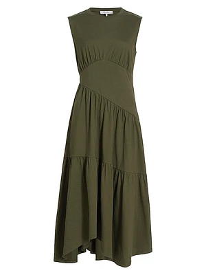 Cotton Asymmetric Tiered Midi-Dress
