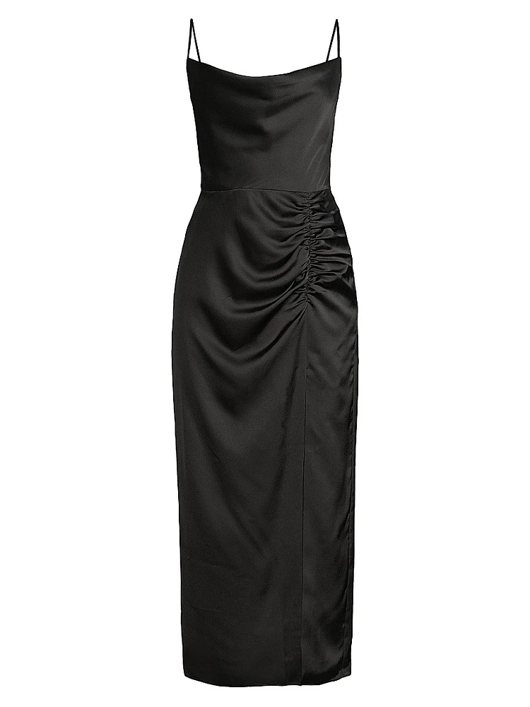 Lilliana Ruched Satin Cowlneck Slipdress