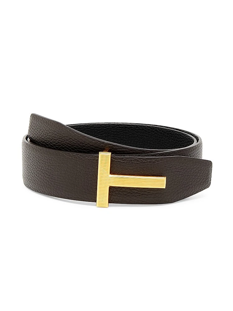 Ridged T Buckle Reversible Leather Belt