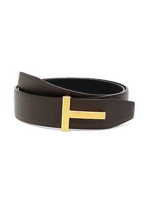 Ridged T Buckle Reversible Leather Belt