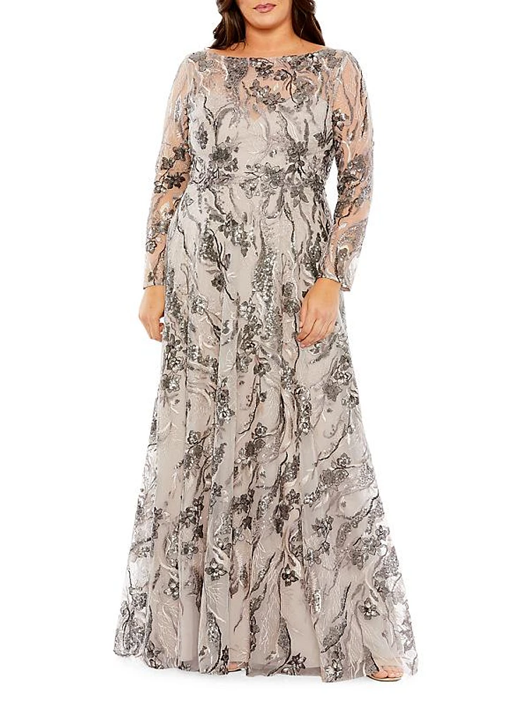 Plus Size Embroidered Long Sleeve A-Line Gown