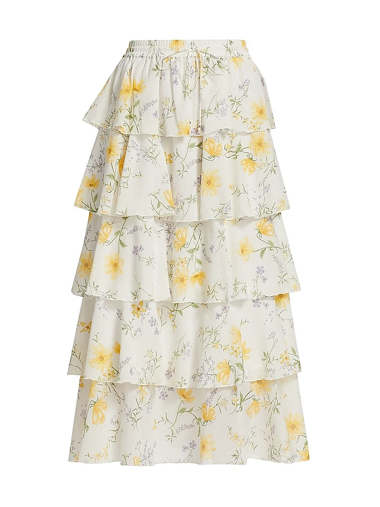 Adaline Floral-Printed Tiered Midi Skirt