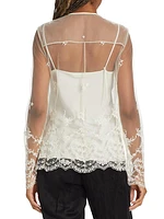 Embroidered Tulle Tieneck Blouse