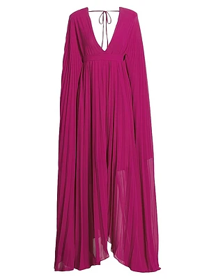 Delilah Pleated Cape-Sleeve Gown