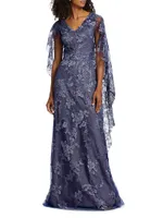 V-Neck Lace Cape Gown