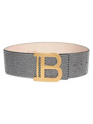 Rhinestone-Embellished Leather B Belt