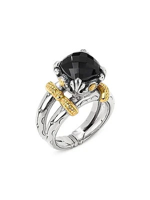 Anthos Dual Ray Sterling Silver, 18K Yellow Gold & Black Onyx Solitaire Ring