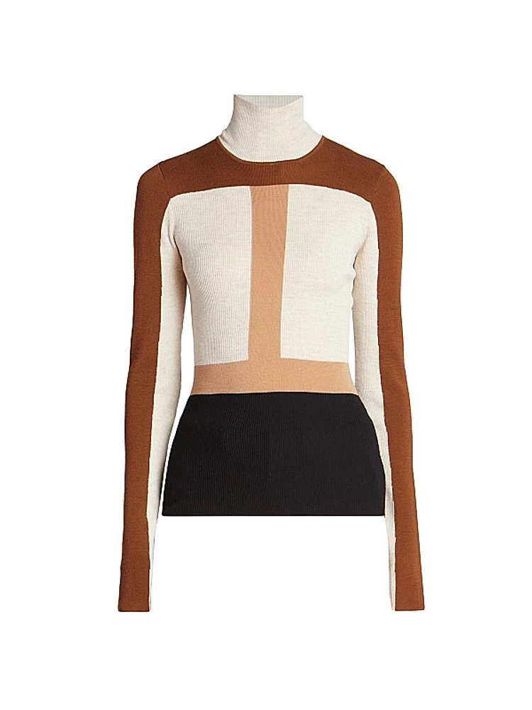 Light Wool Intarsia Fitted Turtleneck Colorblock Sweater