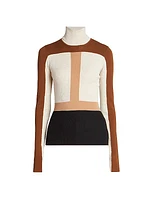 Light Wool Intarsia Fitted Turtleneck Colorblock Sweater