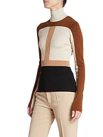 Light Wool Intarsia Fitted Turtleneck Colorblock Sweater