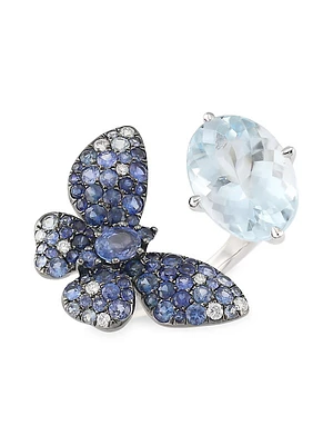 Butterfly 18K White Gold, Blue Sapphire & 0.14 TCW Diamond Cuff Ring