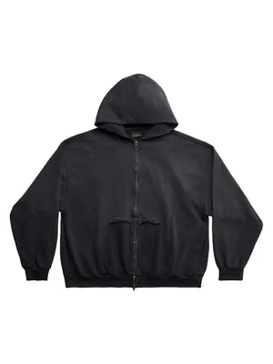Tape Type Ripped Pocket Zip-Up Hoodie