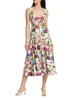 Athena Belted Floral Linen-Blend Midi-Dress