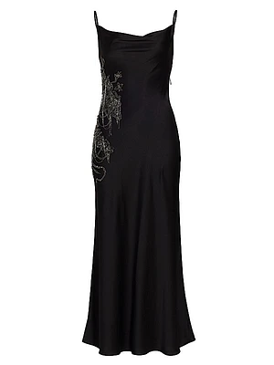 Beaded & Open-Back Satin Gown