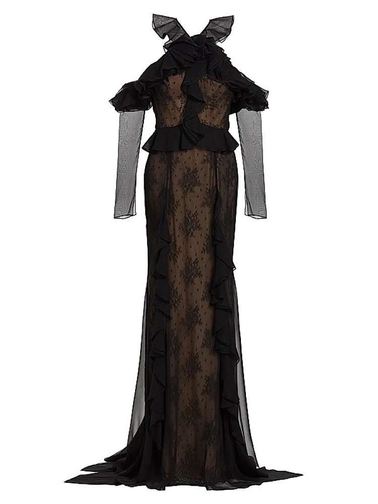 Ruffle-Embellished Lace Gown