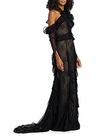 Ruffle-Embellished Lace Gown