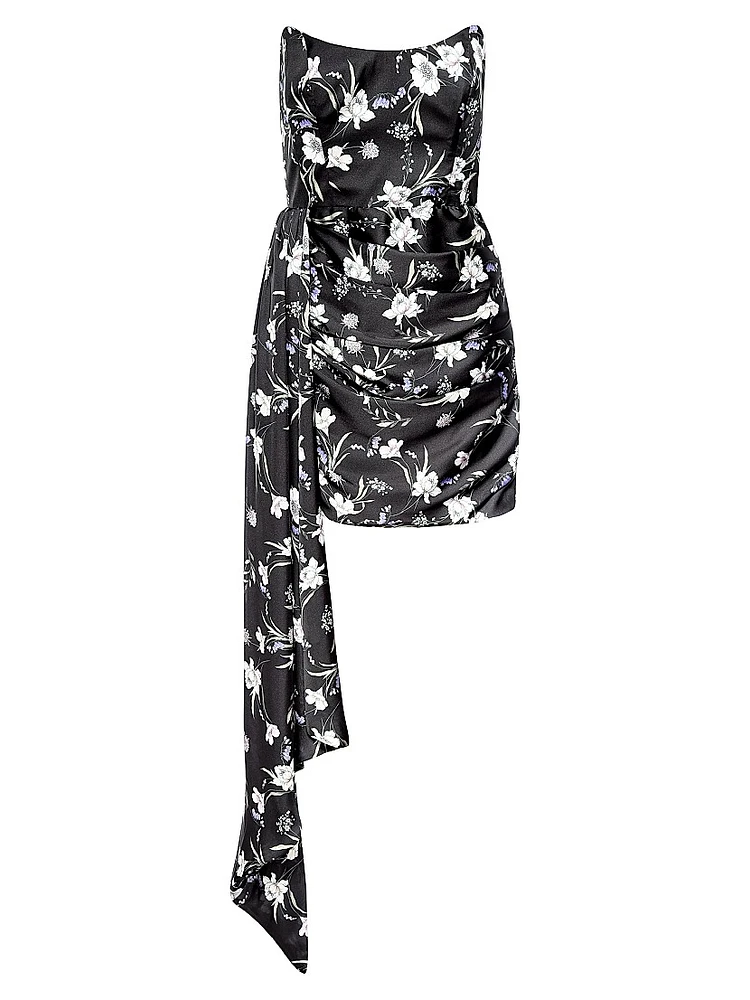 Chasing Dawn Draped Floral Satin Minidress