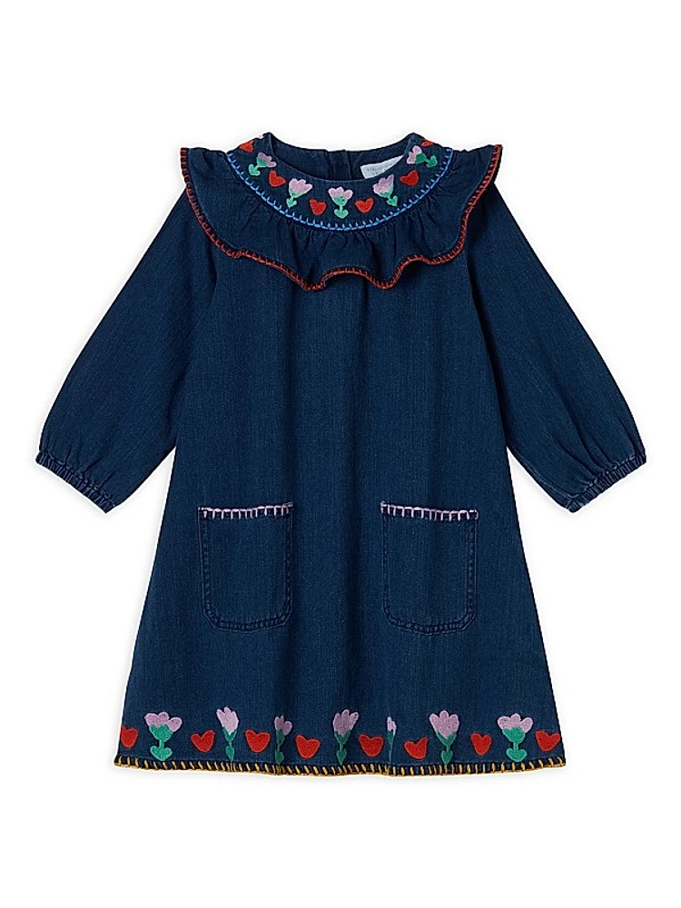 Little Girl's & Girl's Floral Embroidered Denim Dress