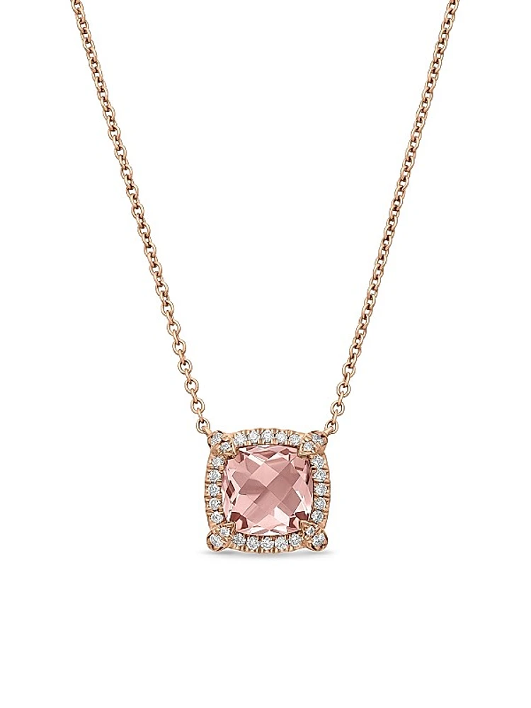 Petite Chatelaine Pavé Bezel Pendant Necklace in 18K Rose Gold with Morganite and Diamonds, 7mm