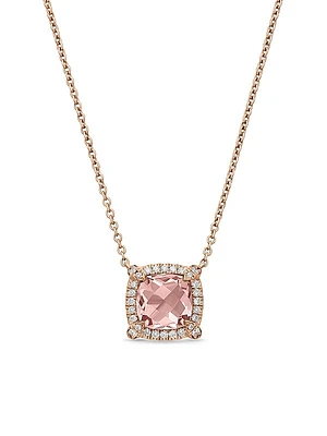 Petite Chatelaine Pavé Bezel Pendant Necklace in 18K Rose Gold with Morganite and Diamonds, 7mm