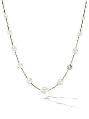 Pearl and Pavé Station Necklace in 18K Yellow Gold