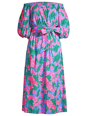 Shawlee Belted Floral Cotton Midi-Dress