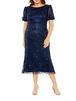 Plus Embellished Tulle Puff-Sleeve Midi-Dress