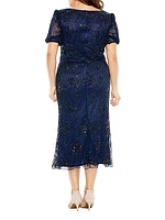 Plus Embellished Tulle Puff-Sleeve Midi-Dress