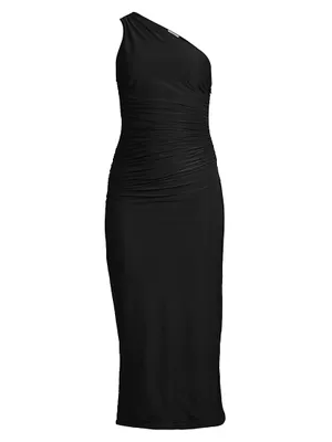Asymmetric Ruched Jersey Midi-Dress